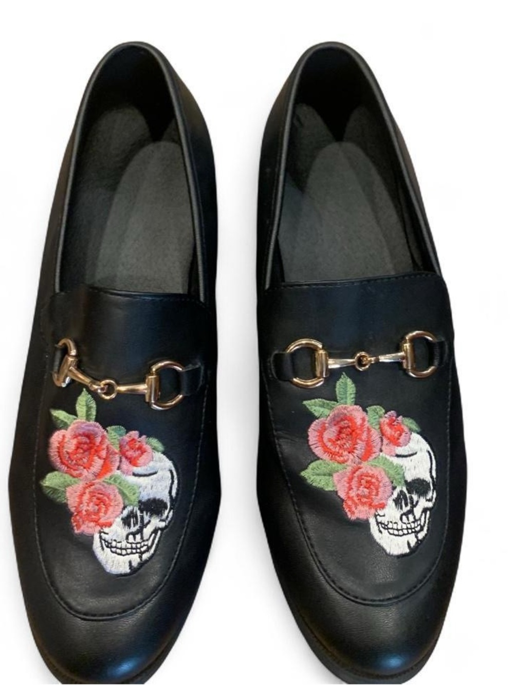 Women’s Black  Loafers with Floral Skull Embroidery